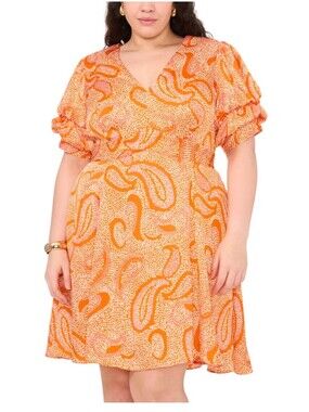 1. State | Paisley Print V-neck Puff Sleeve Mini Dress Orange Pink White Size 2X